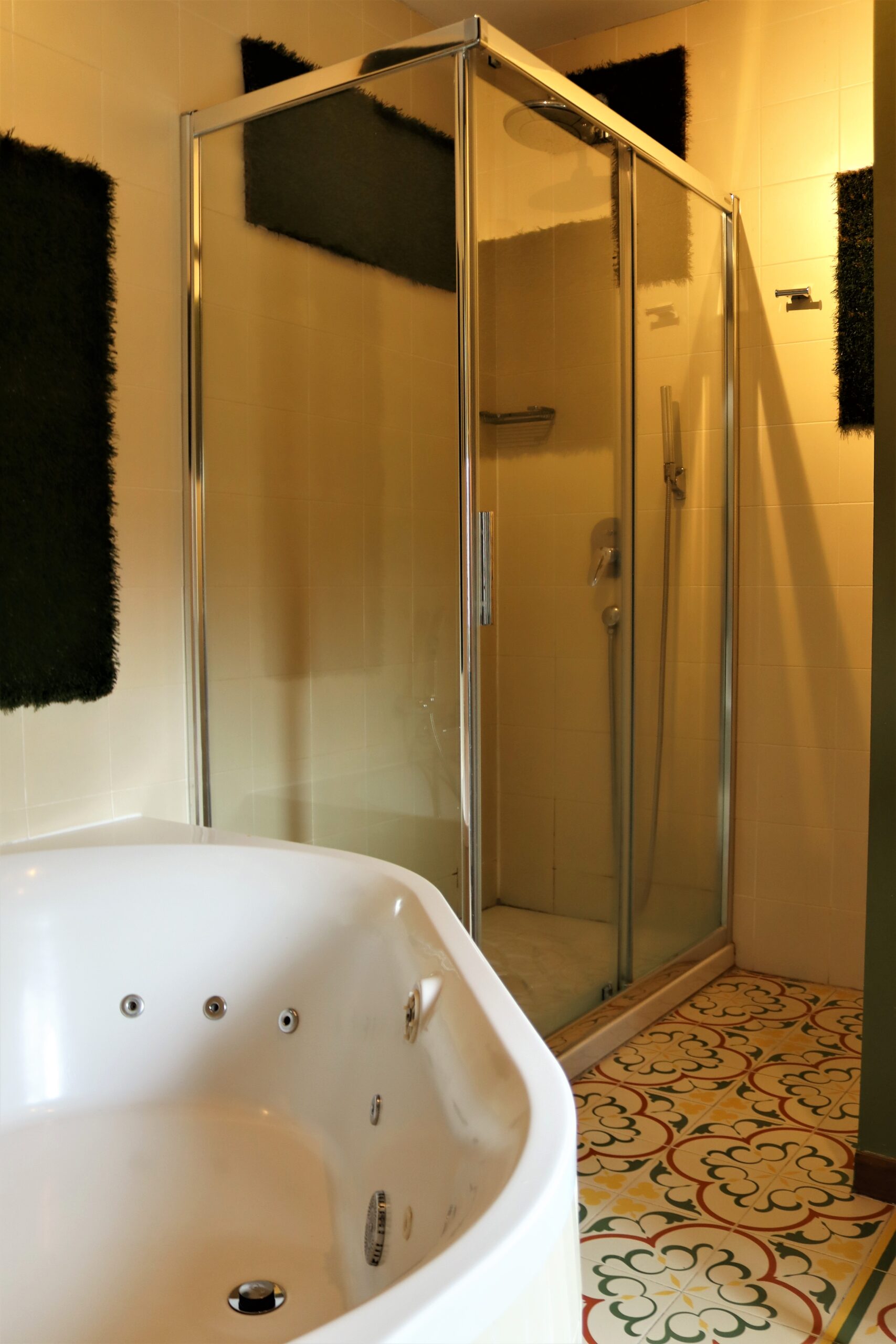 Vista de jacuzzi y ducha en Suite El Bosque